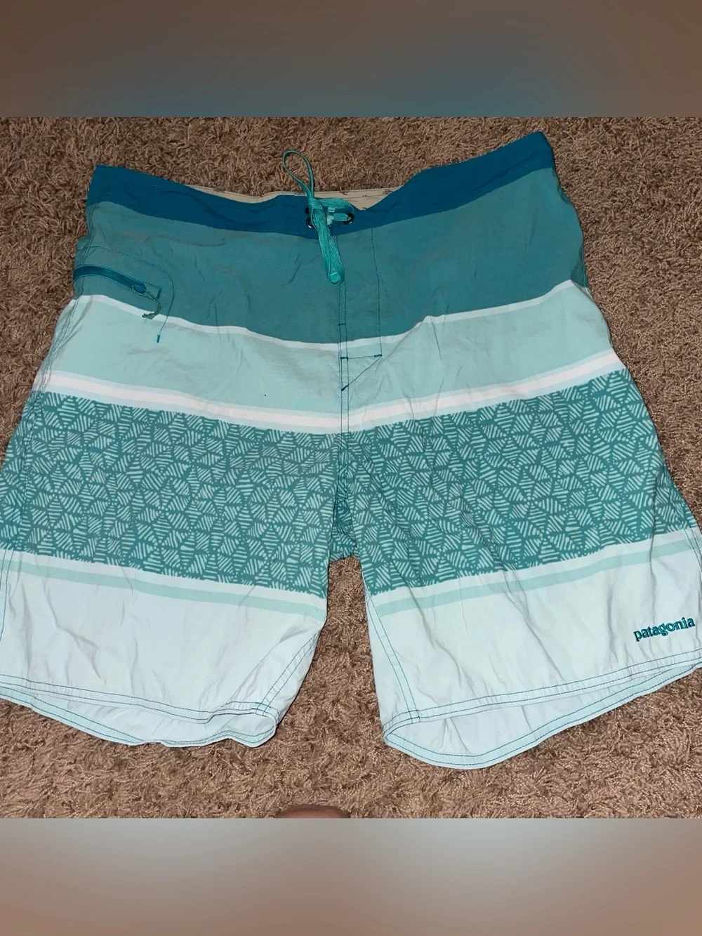 Patagonia Teal and Light Teal Patterned Swim‎ Board Shorts
